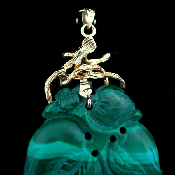 Vintage Large 14k Yellow Gold Malachite Fruit Carving Enhancer Pendant Estate