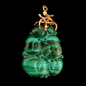 Vintage Large 14k Yellow Gold Malachite Fruit Carving Enhancer Pendant Estate