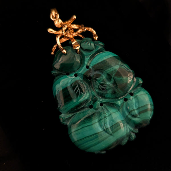 Vintage Large 14k Yellow Gold Malachite Fruit Carving Enhancer Pendant Estate