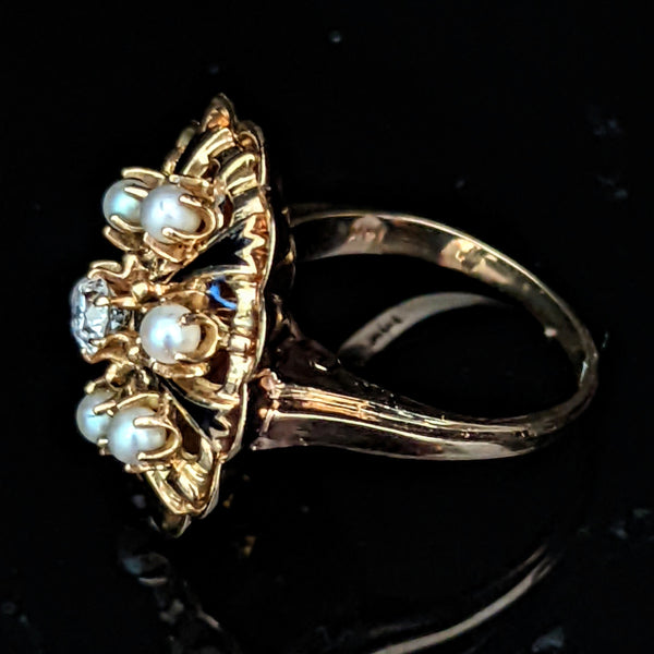 ESTATE OLD EUROPEAN CUT DIAMOND TRACERY ENAMEL 14K GOLD RING