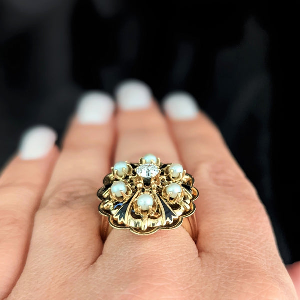 ESTATE OLD EUROPEAN CUT DIAMOND TRACERY ENAMEL 14K GOLD RING