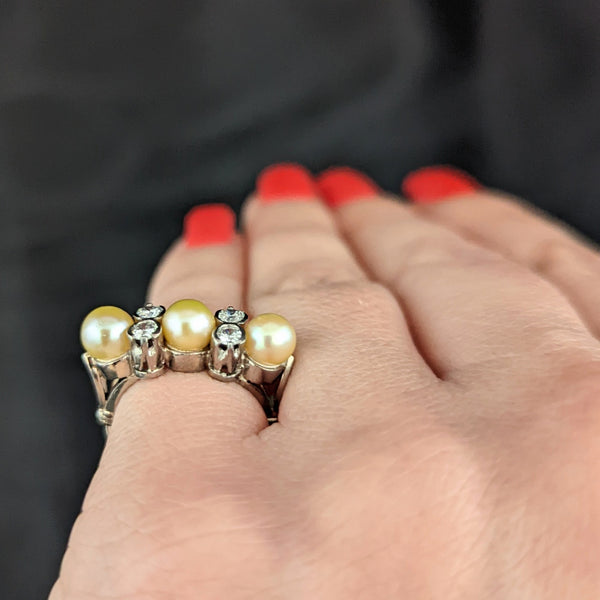 Vintage Pearl Diamond Platinum Cocktail Ring Retro Mid Century Statement Estate