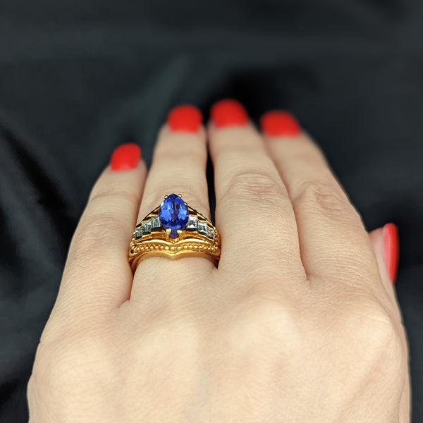 Vintage Tanzanite Baguette Cut Diamond 18k Yellow Gold Statement Ring Estate