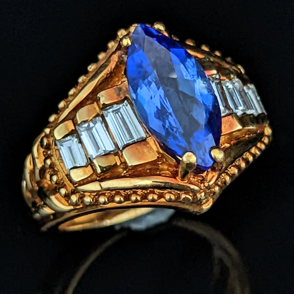 Vintage Tanzanite Baguette Cut Diamond 18k Yellow Gold Statement Ring Estate
