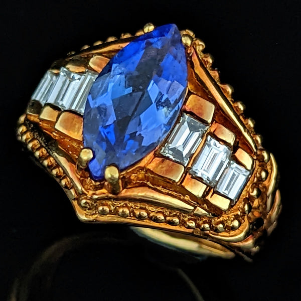 Vintage Tanzanite Baguette Cut Diamond 18k Yellow Gold Statement Ring Estate