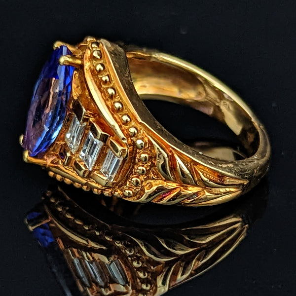Vintage Tanzanite Baguette Cut Diamond 18k Yellow Gold Statement Ring Estate