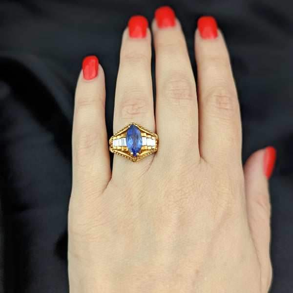 Vintage Tanzanite Baguette Cut Diamond 18k Yellow Gold Statement Ring Estate